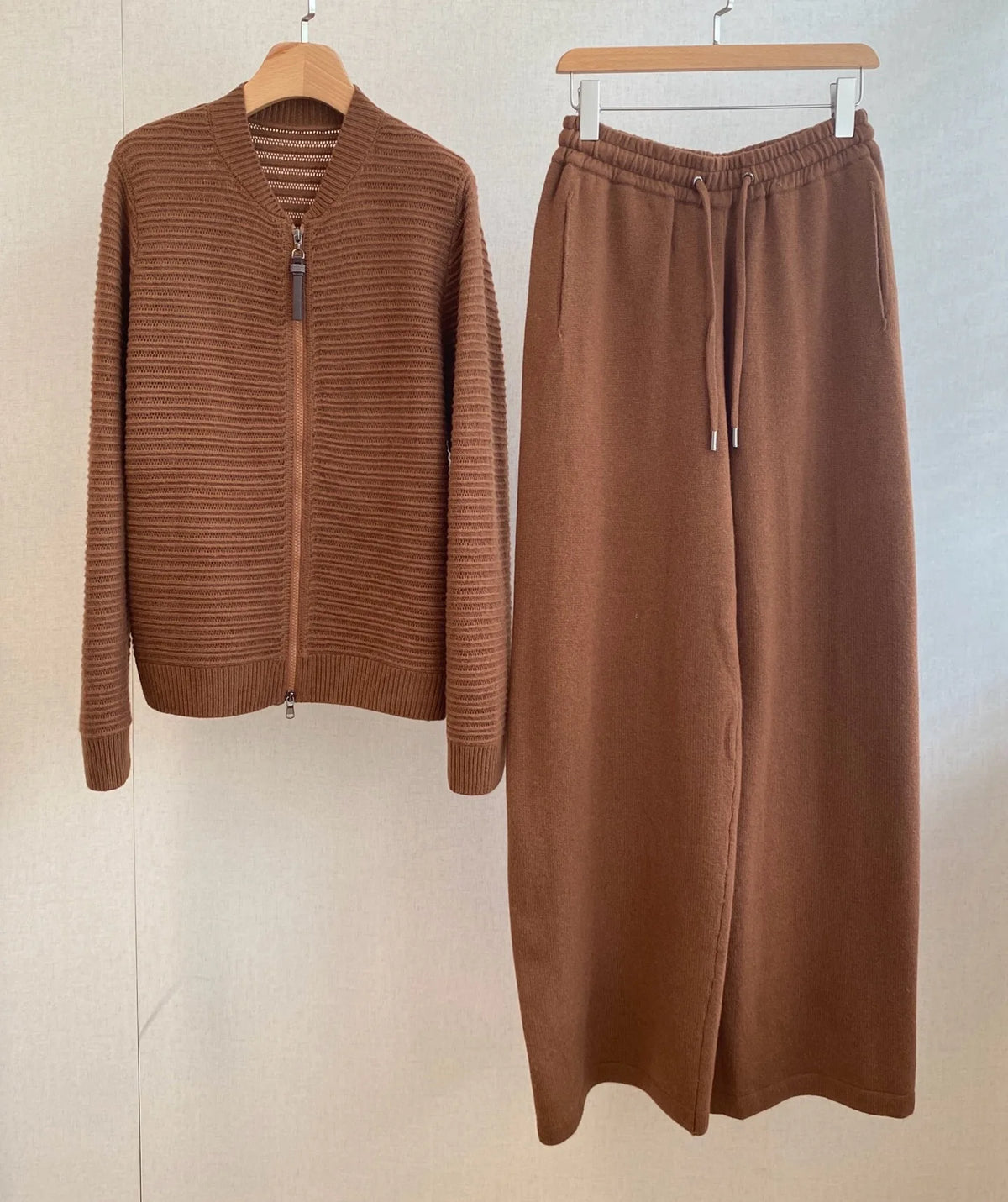 Textured Striped Knit Co-ord Set Zip Up Long Sleeve Jacket & High Waist Wide Leg Pants For Women