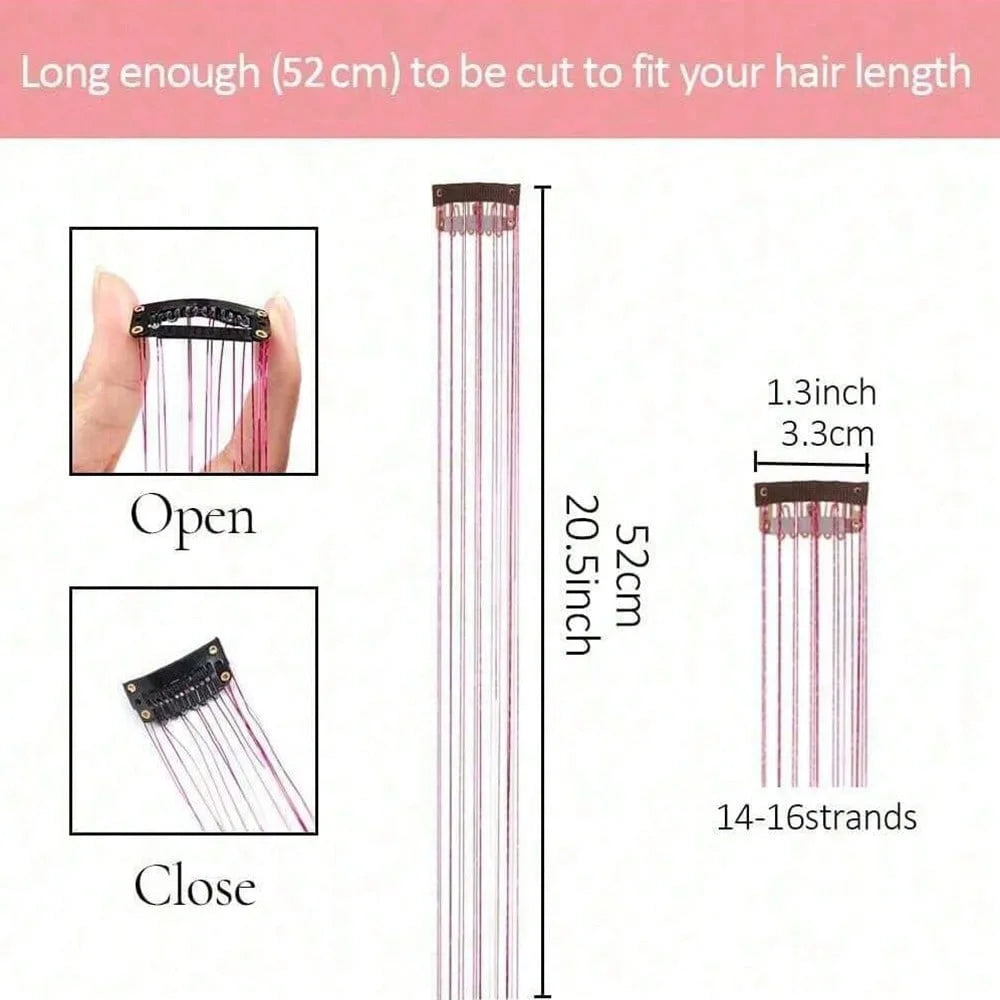 12Pcs Hair Tinsel Clip In 19.7" Glitter Tinsel Hair Extensions Synthetic Clip In Sparkle Hair Accessories For Kids Girls Women