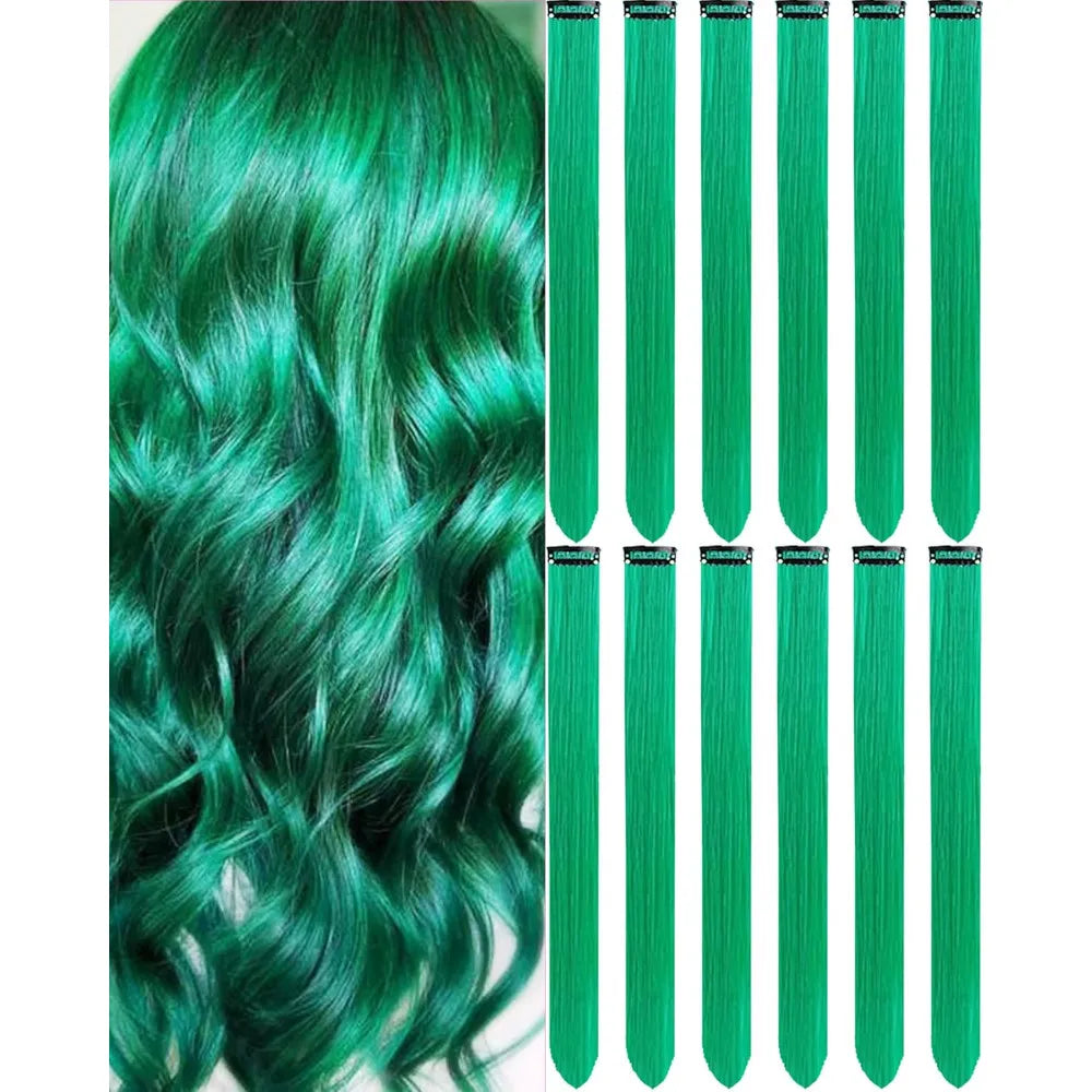 6/12 PCS Hair Extensions Clip, 22in Colored Hair Extensions Party Highlights Long Straight Synthetic Hairpieces for Girls Cospla