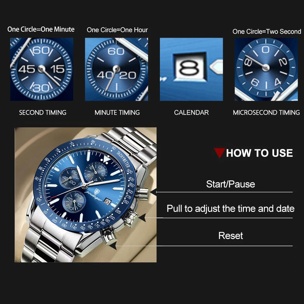 POEDAGAR Luxury Man Watch Chronograph Waterproof Luminous Date Men's Quartz Wristwatch Fashion Sport Stainless Steel Men Watches