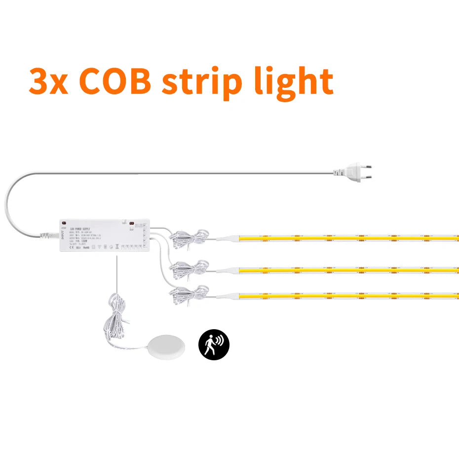 DC24V COB LED Cabinet Light 320LEDs/m with PIR Motion Sensor for DIY Wardrobe Showcase Backlight Adhesive Lighting 1m-5m