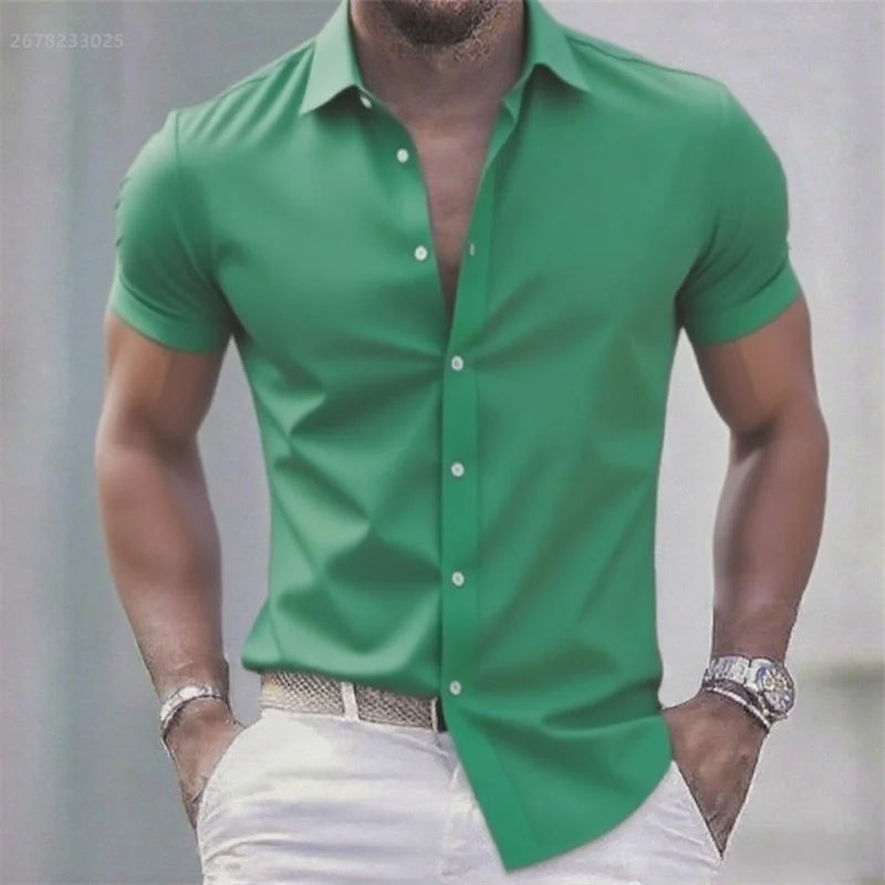 Solid color men's casual shirt, fashionable casual short sleeve stretch fabric, business formal shirt, comfortable fabric