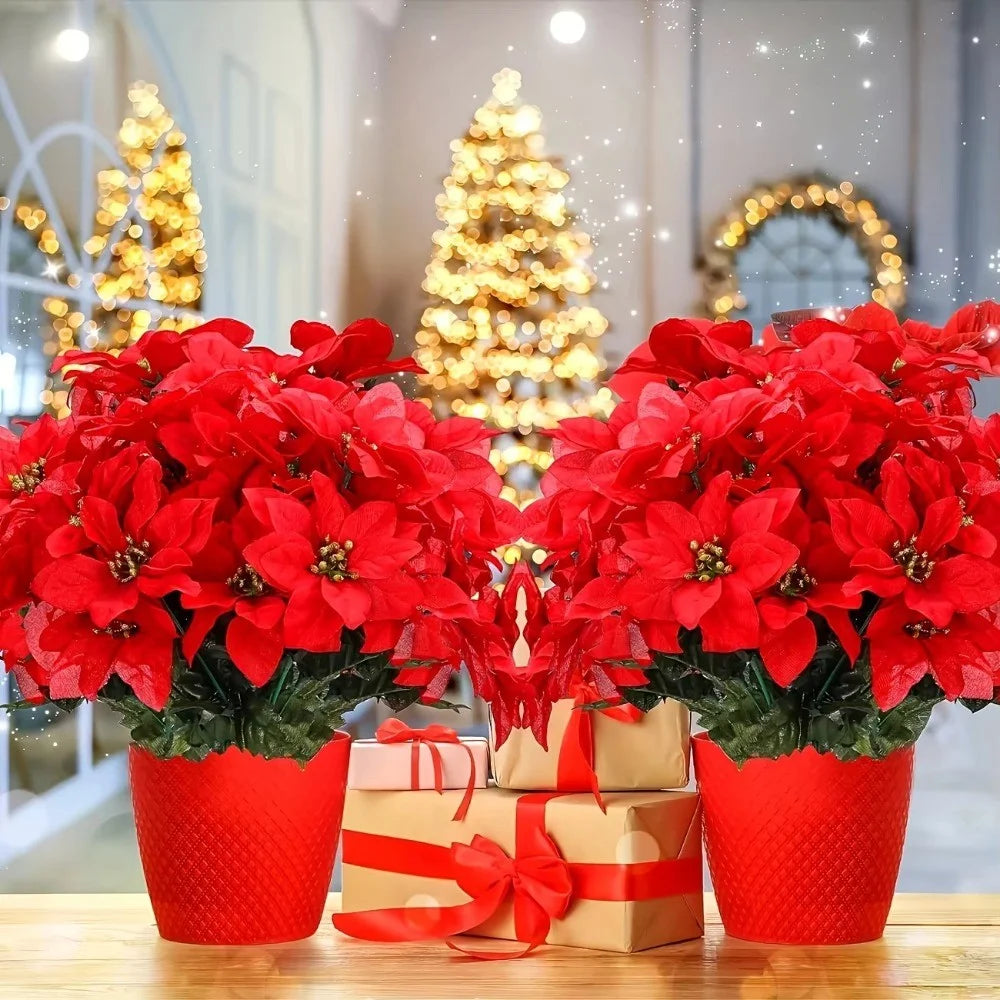 7‑Heads Red Christmas Poinsettia Artificial Flowers, Xmas Home Party Decoration for Holiday Display