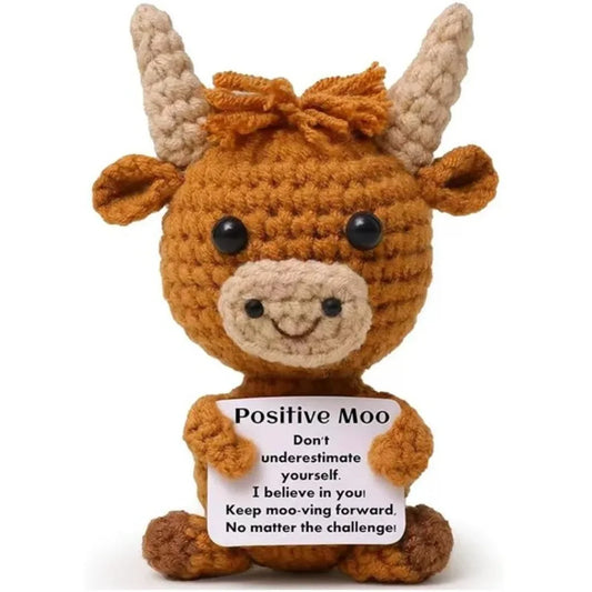 1 Pc Mini Highland Cow, Knitted Crochet Brown Emotional Support Keepsake Gift with Positive Card for Friends Keychain Pendant