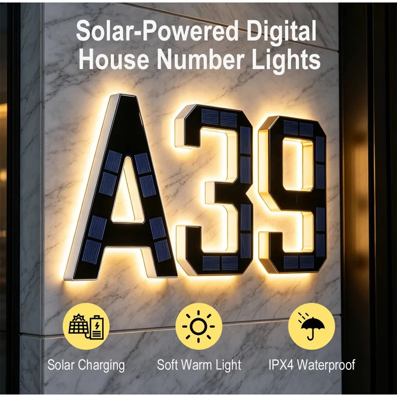 LED Solar House Number Light Waterproof Address Plate with Light Sensor for Home Entrance Yard Wall Outdoor Decoration