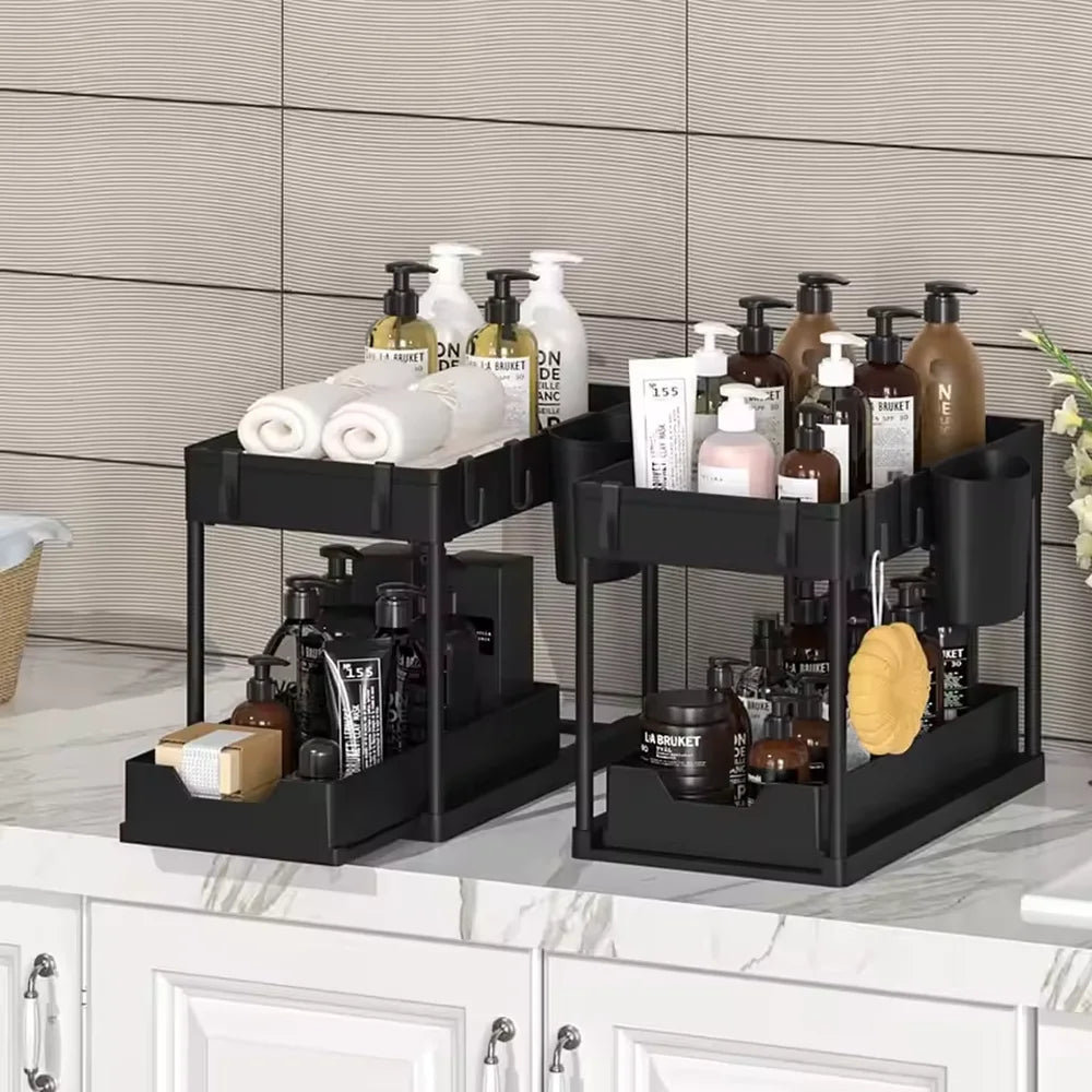 2 Tier Under Sink Organizer Sliding Cabinet Basket Organizer Storage Rack with Hooks Hanging Cup Bathroom Kitchen Organizer