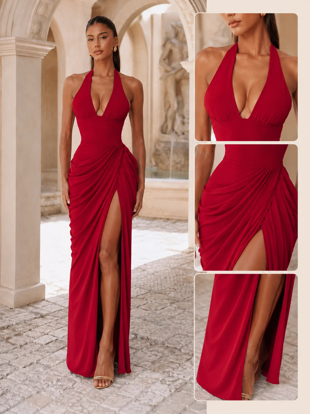 Women Elegant Halter Neck Formal Gown, Open Back Draped Ruched High Slit Maxi Dress for Prom Wedding Guest Bridesmaid Cocktail Party，evening gown，formal dress，maxi dress，prom dress，bridesmaid dress，wedding guest d