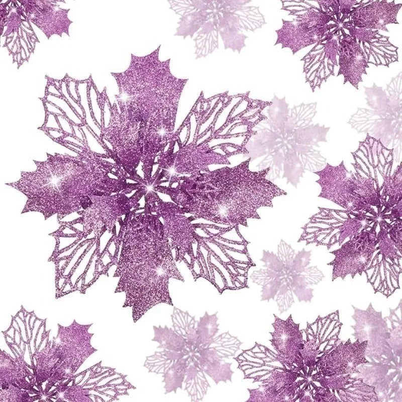 5Pcs Christmas Glitter Poinsettia Flowers Artificial Berry Christmas Tree Ornament for Xmas Wreath Floral New Year 2026 Decor