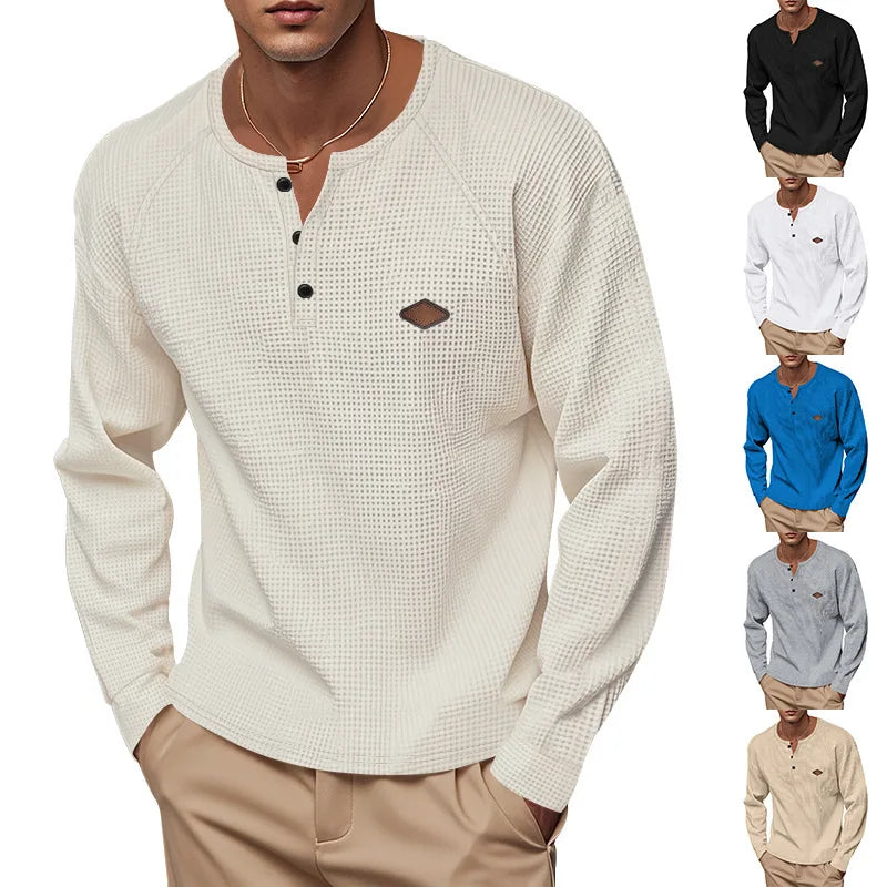 Mens Waffle Texture Henley Neck Long Sleeve Top Raglan Sleeve Leather Label Decor Loose Casual Solid Color Daily Pullover Shirts