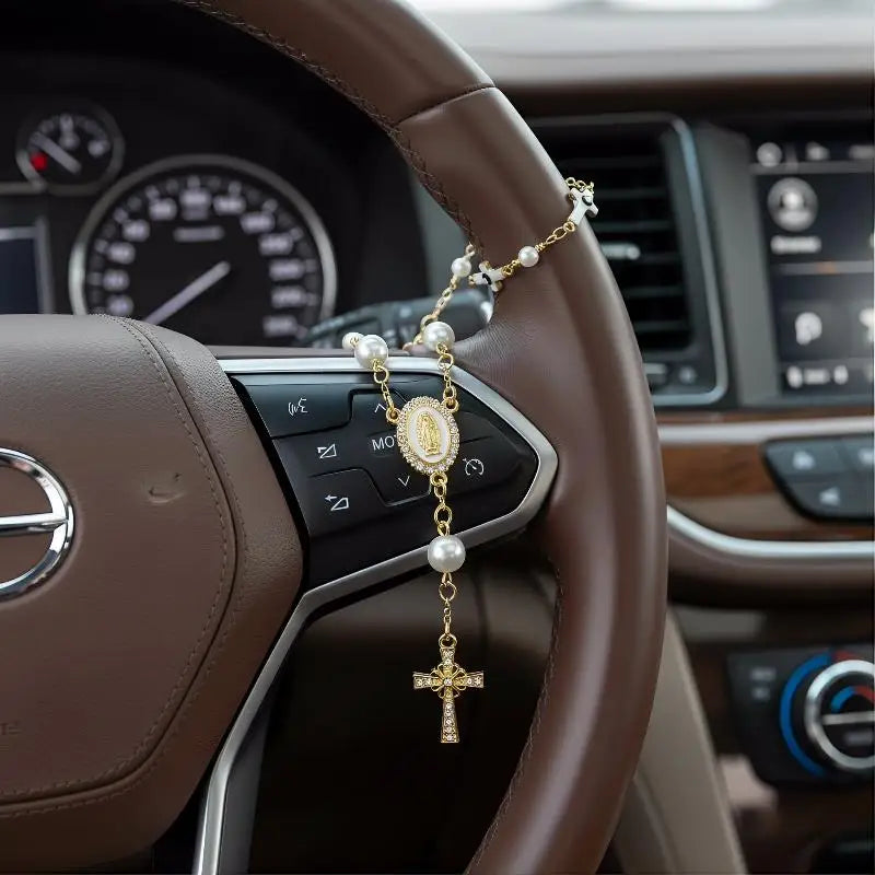 Car Pendant Rosary Ornament  Cross Steering Wheel Beads Decorative Faith Accessory for Auto Rearview Mirror