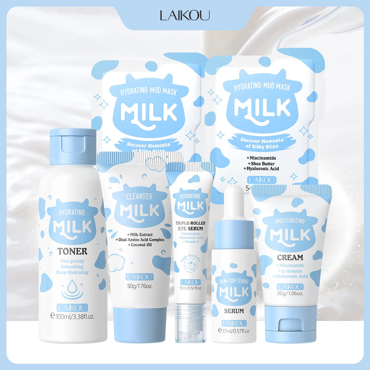 LAIKOU 6Pcs Milk Hydrating Facial Skin Care Kit with Cleanser Toner Serum Eye Serum Mud Mask And Moisturizing Cream for Complete