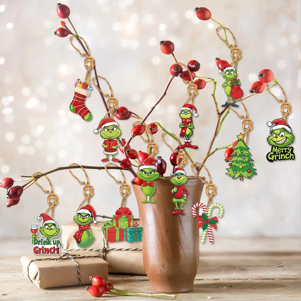 18Pcs 2D Wooden Christmas Tree Green Monsters Ornaments Cute Green Monsters Christmas Tree Pendants Christmas Cartoon Ornaments