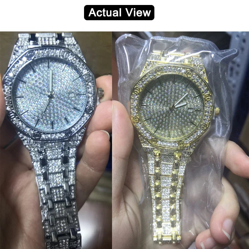 Men's Iced Watch Men's Gold Watch Hip Hop Fashion Cool Bling Gold Diamond Luxury Men's Watch Direct Delivery Relogio