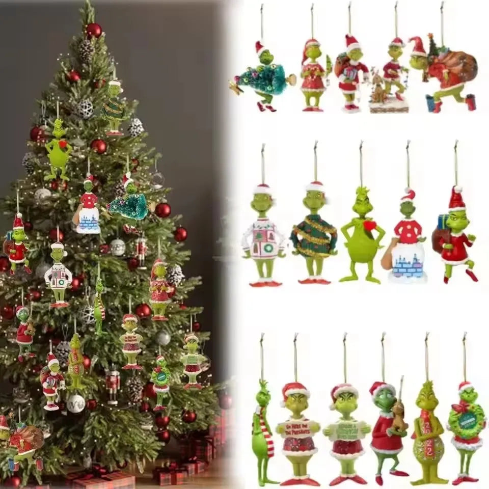 18Pcs 2D Wooden Christmas Tree Green Monsters Ornaments Cute Green Monsters Christmas Tree Pendants Christmas Cartoon Ornaments