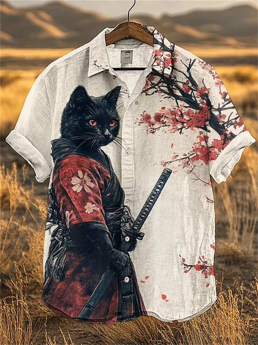 Men's blue and white color-blocked short-sleeved shirt with black cat print, collared casual outdoor vacation Hawaiian shirt.