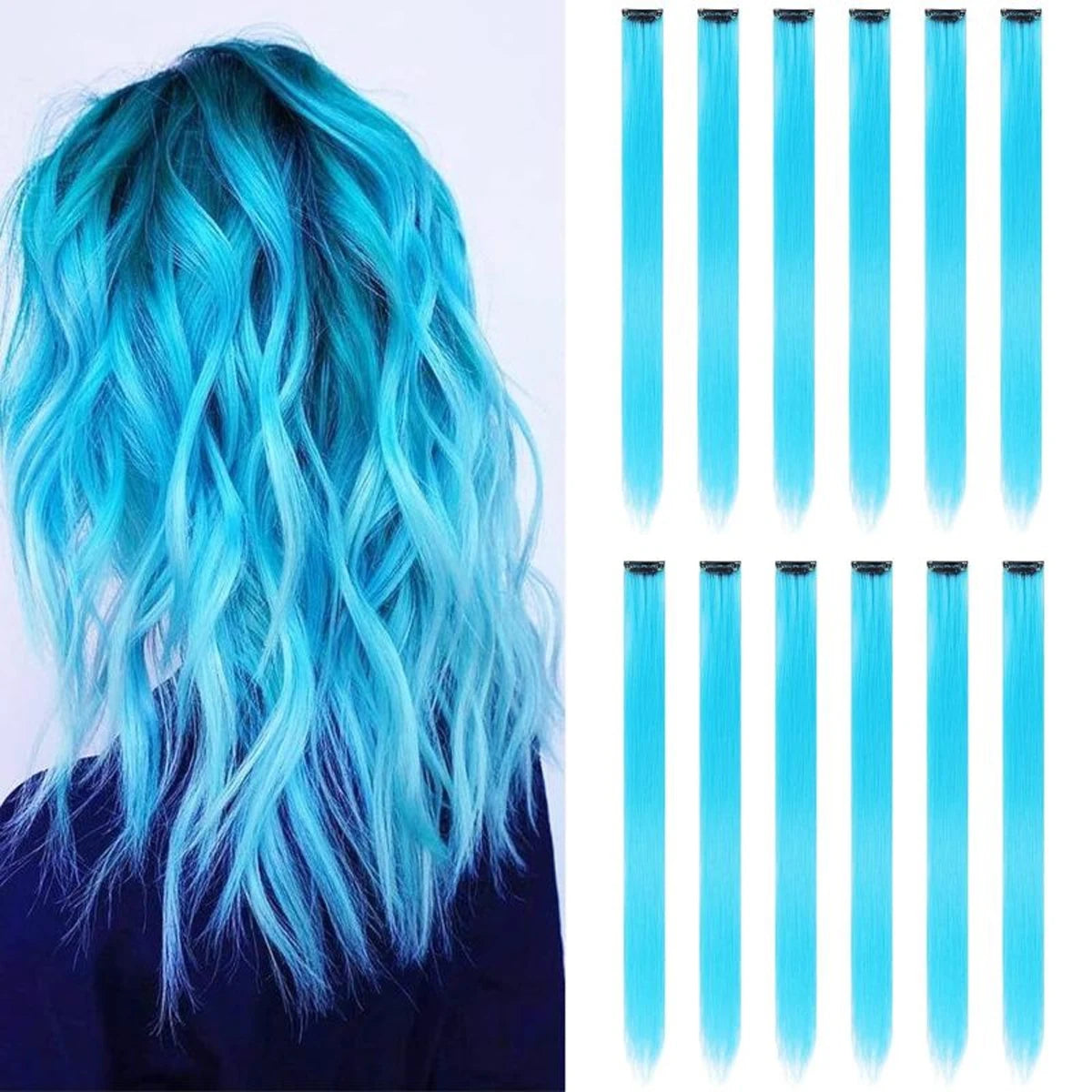 6/12 PCS Hair Extensions Clip, 22in Colored Hair Extensions Party Highlights Long Straight Synthetic Hairpieces for Girls Cospla