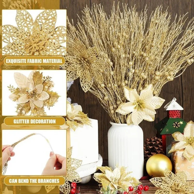 5Pcs Christmas Glitter Poinsettia Flowers Artificial Berry Christmas Tree Ornament for Xmas Wreath Floral New Year 2026 Decor