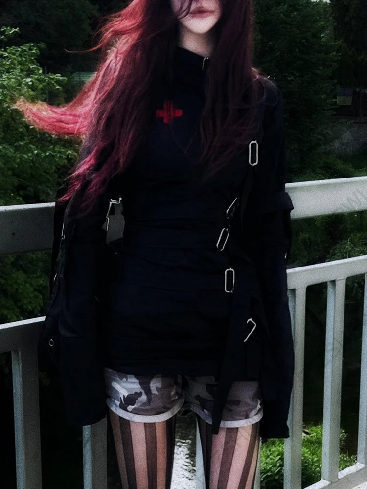 Emo Gothic Punk Jirai Kei Women's Jacket Chic Trendy Fashion Aesthetics Lace-up Design Coat Y2K Harajuku Grunge Gyaru Streetwear