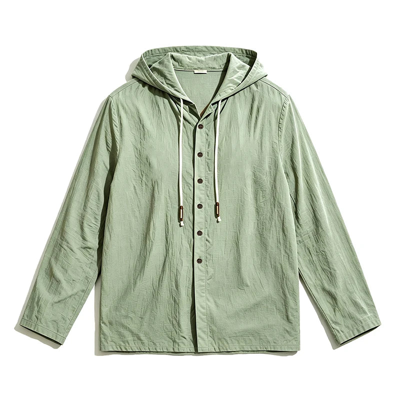 2026 New Men Cotton Linen Hooded Long Sleeve Shirt Drawstring Hood Casual Beach Vacation Travel Daily Walking Button Down Blouse