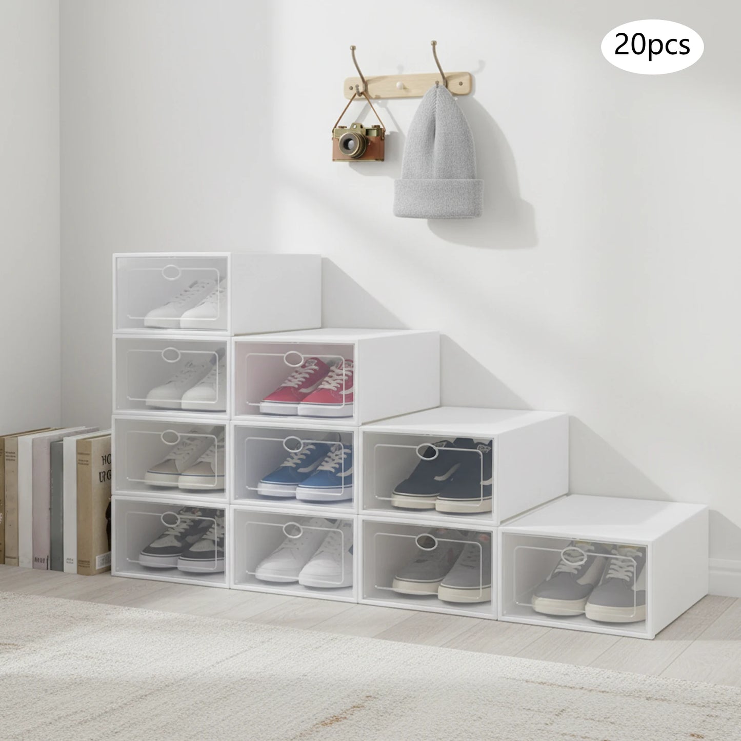 20Pcs Stackable Shoe Storage Box, Foldable Plastic Shoe Organizer with Transparent Door, Dustproof Container for Closet
