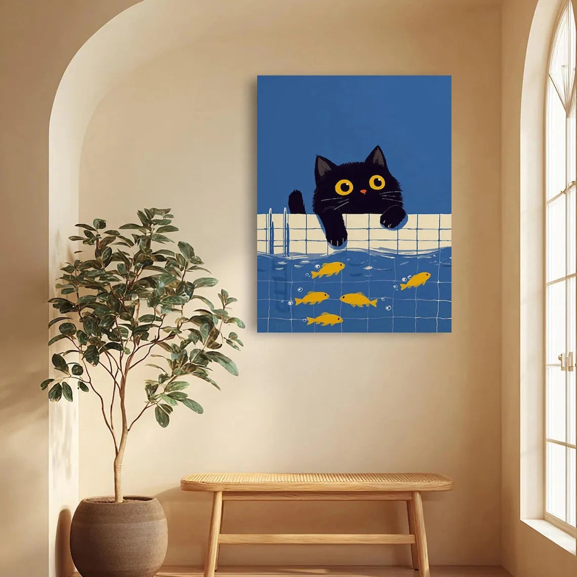 Cute Black Cat Wall Art Print with Goldfish, Whimsical Animal Illustration Poster, Modern Contemporary Poster Home Decoration