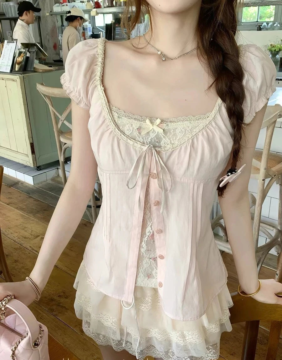 Kawaii Lolita Fake Two Piece Shirts Women Slim Elegant Lace Bow Tees Japanese Harajuku Y2K Sweet Cute Blouse Street Daily Outfit