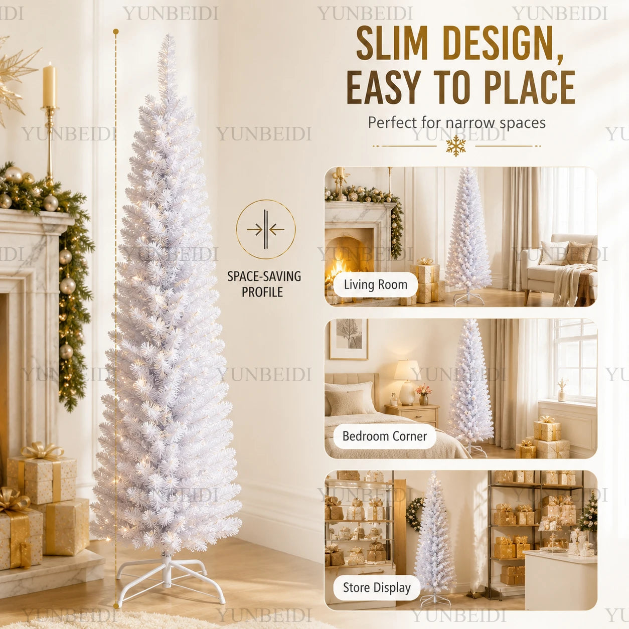 Artificial Christmas Tree PVC Material White Pencil-shaped Christmas Tree 120cm To 210cm Home Parties Christmas Decorations.