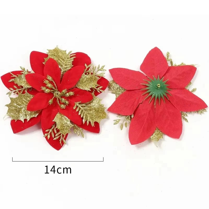 50/10PCS Artificial Glitter Christmas Flowers with Clips Red Gold Poinsettia Fake Ornament DIY Xmas Tree New Year Party Decora