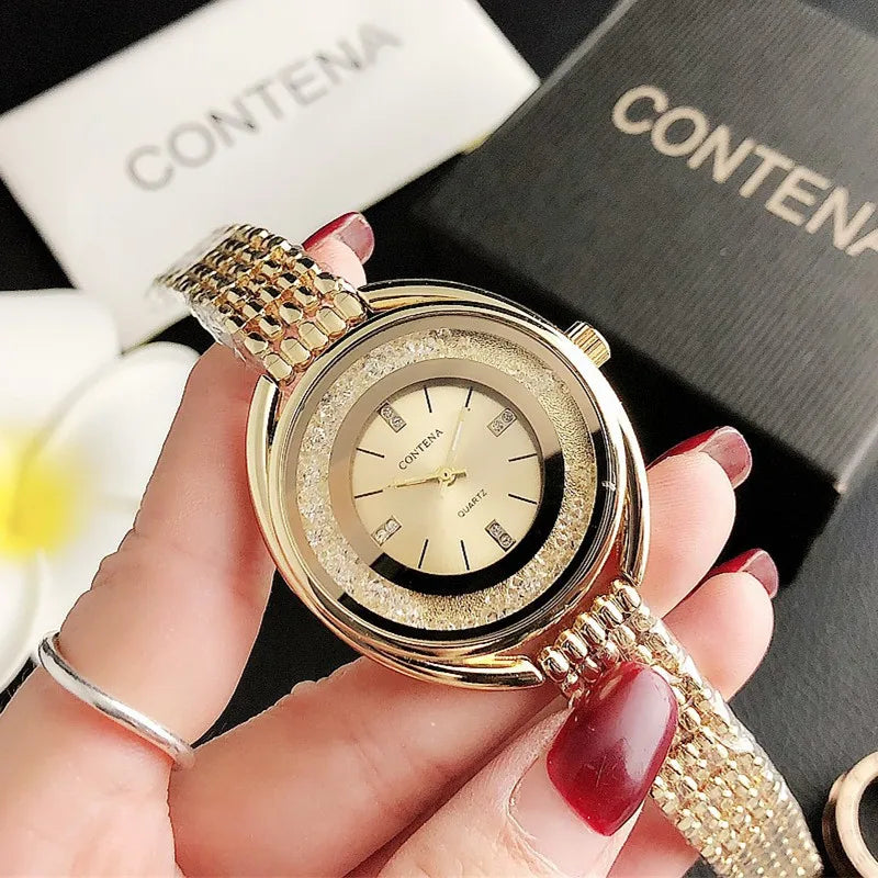 Luxury Rhinestone Ladies Stainless Steel Watch CONTENA Fashion Gold Women's Watch Diamonds Ceasuri Quartz Wristwatches Clock