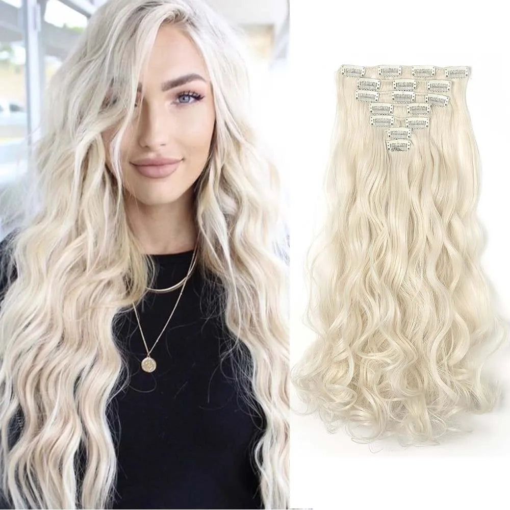 22 Inch Elegant Sexy White Hair 7Pcs/Set 16 Clips Long Curly Wave, Body Wave Synthetic Hair Extensions Clip-in Hair Extensions
