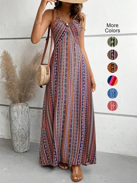 Women's Summer Ethnic Pattern Backless Split Thigh Dress Ladies Summer Clothes Boho Fashion Frill Trim Long Dress for Beach