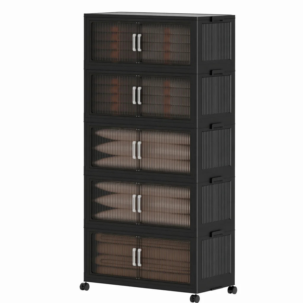 5‑Tier Stackable Plastic Storage Cabinet with Wheels, Foldable Storage Organizer with Transparent Flip‑Door, Multi‑Layer Portable Closet Organizer for Bedroom Living Room Home