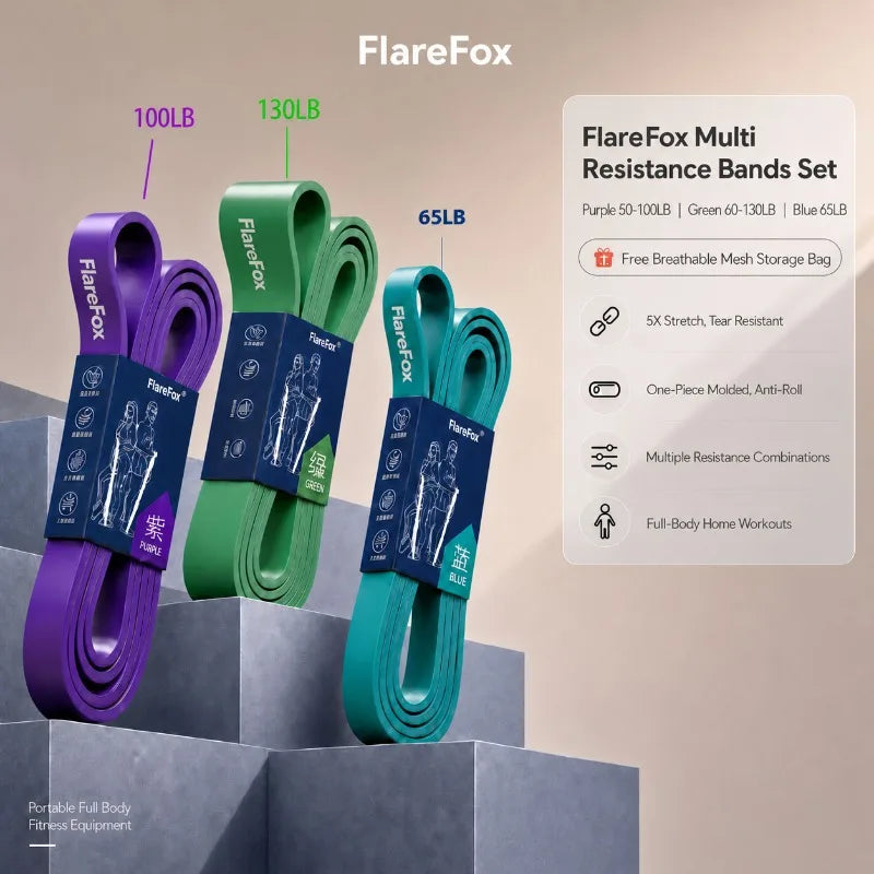 FlareFox Multiple Resistance Bands Set Pull-up Assist Straps Strength Agility Training Handy Gym Equipment for Home CrossFit