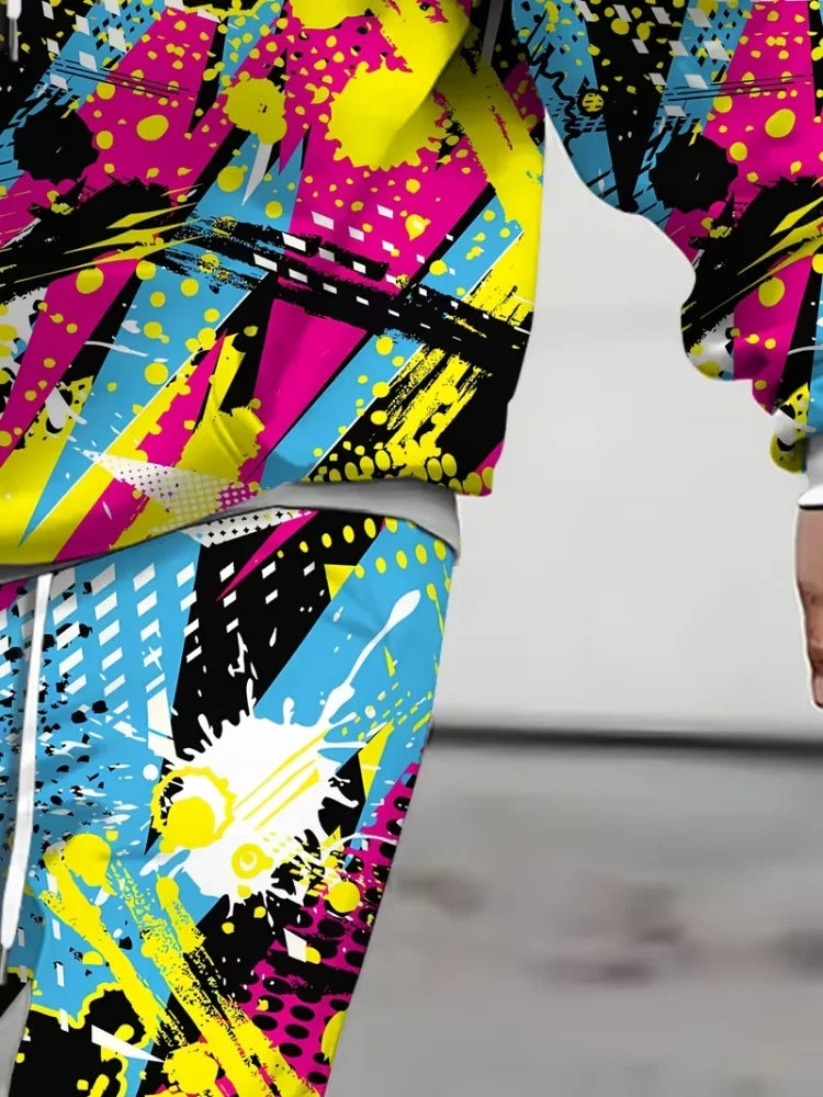Men 2 Piece Tracksuit Colorful Graffiti Full Print Hoodie Sweatshirt Jogger Pants Set Loose Hip Hop Streetwear Sports Outfits
