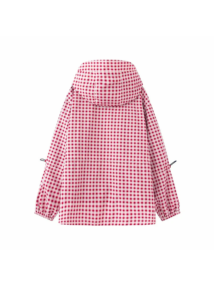 Women Plaid Hooded Drawstring Waist Cinching Jacket Women Loose Long Sleeve Zipper Jackets Fashion Female Street Outwear