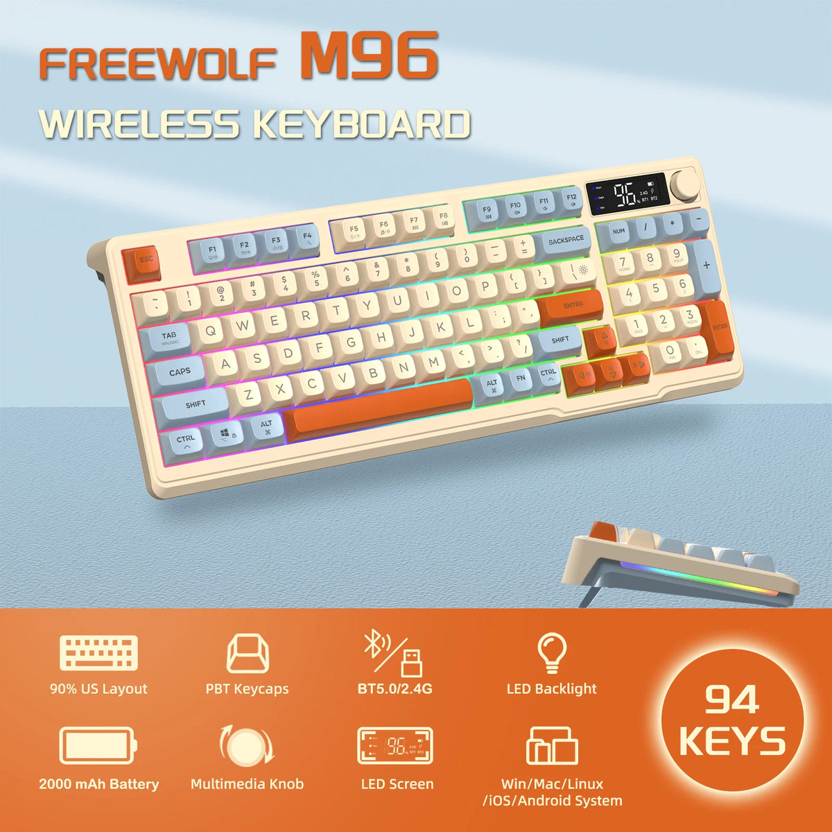 ZIYOU LANG Wireless Gaming Keyboard with Display Screen & Knob, Bluetooth/2.4GHz Quiet Membrane Keyboard, 3000mAh Rechargeable