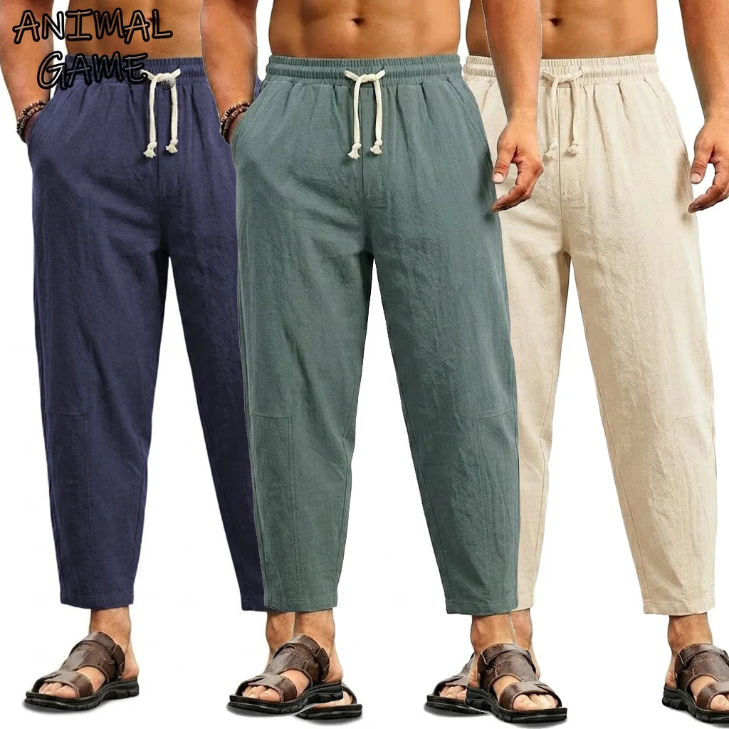 Summer Men's Linen Trousers Solid Color Casual Pants for Men Sport Breathable Baggy Pant Beach Lightweight Cotton Work Pants