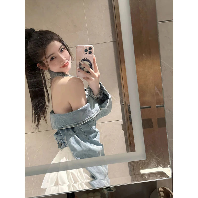 Y2K Cropped Denim Jackets Women Vintage Slash Neck Jeans Coat Streetwear Sexy Halter Long Sleeve Casual Design Outerwear Tops