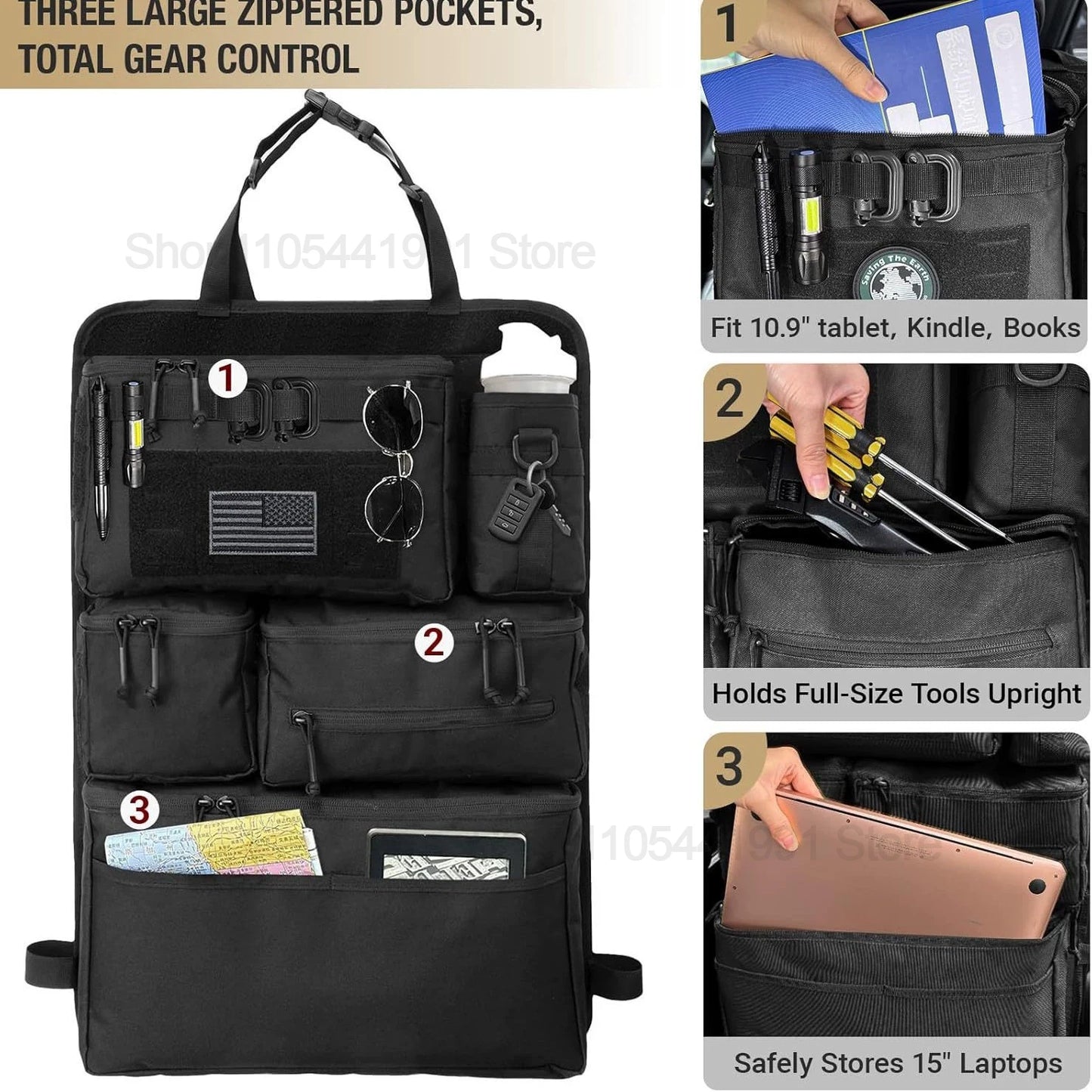 Tactical Car Seat Organizer with Multiple Pockets, Vehicle Backseat Storage Bag with Cup Holder Hanging Rear Seat Bag