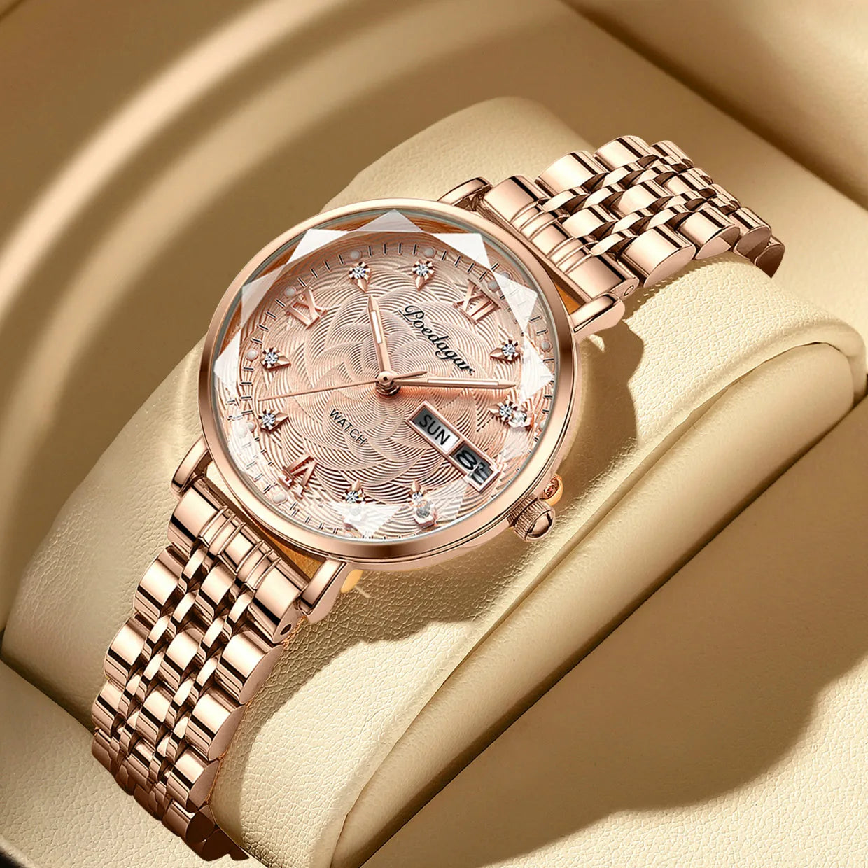 POEDAGAR Top Elegant Ladies Watch Waterproof Luminous Date Week Luxury Women's Watches Rose Gold Fashion Quartz Woman Wristwatch
