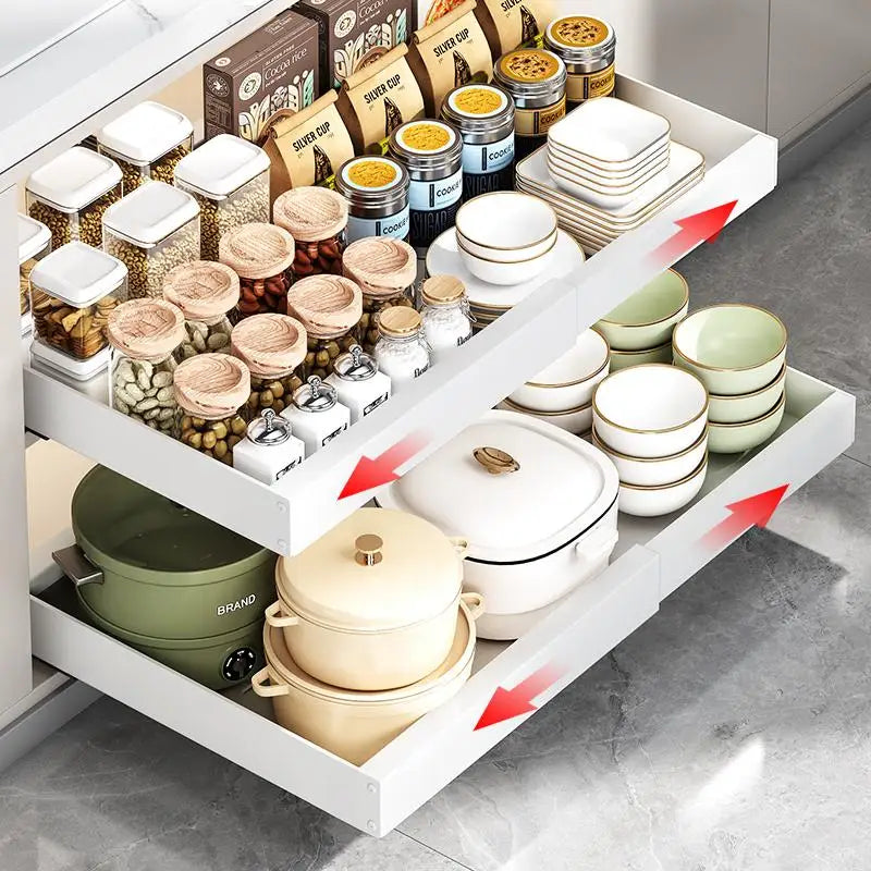 Telescopic Pull Out Cabinet Organizer Heavy Duty Steel Sliding Drawer Shelf No Drill Adhesive Under Sink Storage Basket Slide Out Kitchen Pantry Rack Space Saving Organization