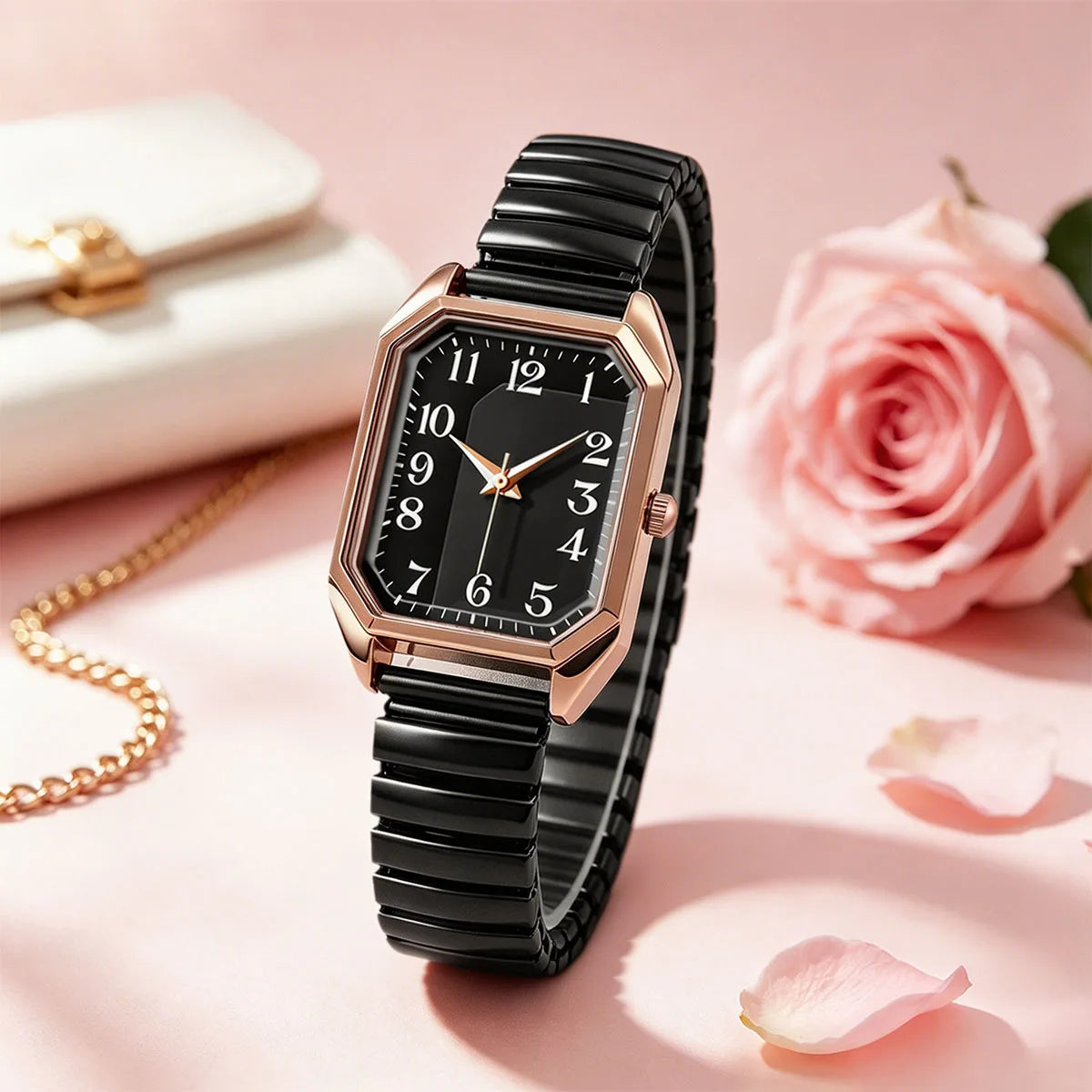 Business Luxury Simple Popular Fashion Elastic Strap Alloy Rectangle Women Ladies Quartz Watches