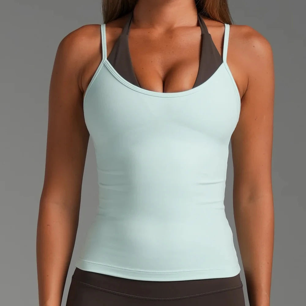 Women Color Block Sleeveless Tank Top Quick Dry Fake Two Piece Sports Bra Running Gym Pilates Yoga Workout Top