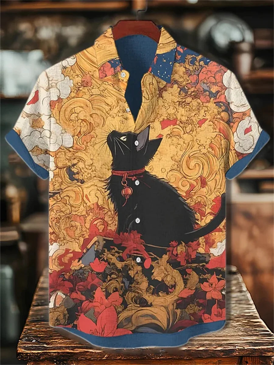Men's blue and white color-blocked short-sleeved shirt with black cat print, collared casual outdoor vacation Hawaiian shirt.