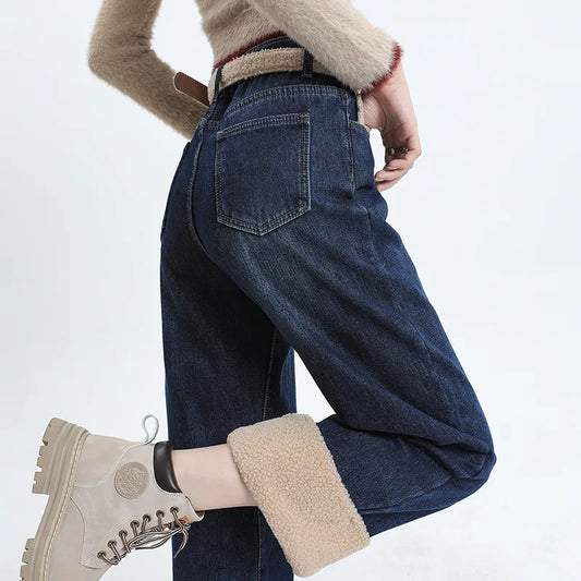 Women's Jeans Winter Fce-Lined Thick Non-Strety Straight-Leg Crop Pants With Belt Office Versatile Winter Clothes Women Winter