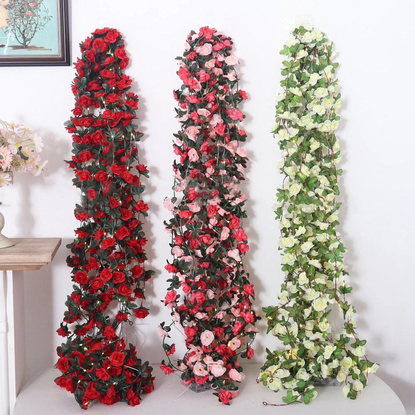 Rose LED Lights String Artificial Flowers Ivy Leaves Wedding Garland Home Room Decoration Arch Hanging Wall Garden Party Decor