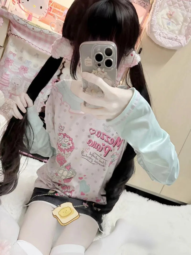Japanese Sweet Cartoon Polka Dot Print Women T-shirt Loose Kawaii Contrast Color Cute Graphic Tee Tops Y2k Aesthetic Tshirts