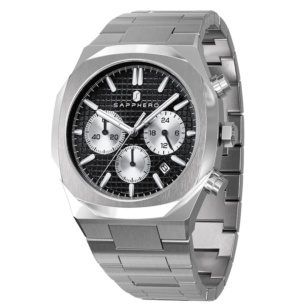 SAPPHERO Men's Luxury Quartz Watch with, Stainless Steel Case, Chronograph, Date Display, 10ATM Waterproof Wristwatch