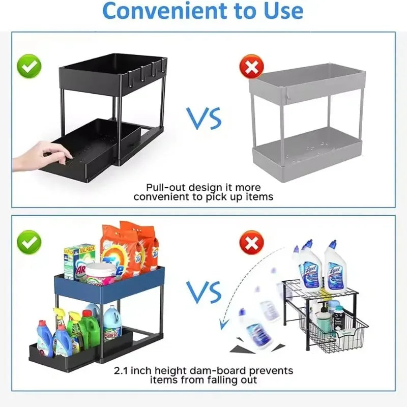 2-tier Under Sink Storage Rack Sliding Cabinet Basket Storage Rack Multifunctional Storage Rack Bathroom with Hook Hanging Cup