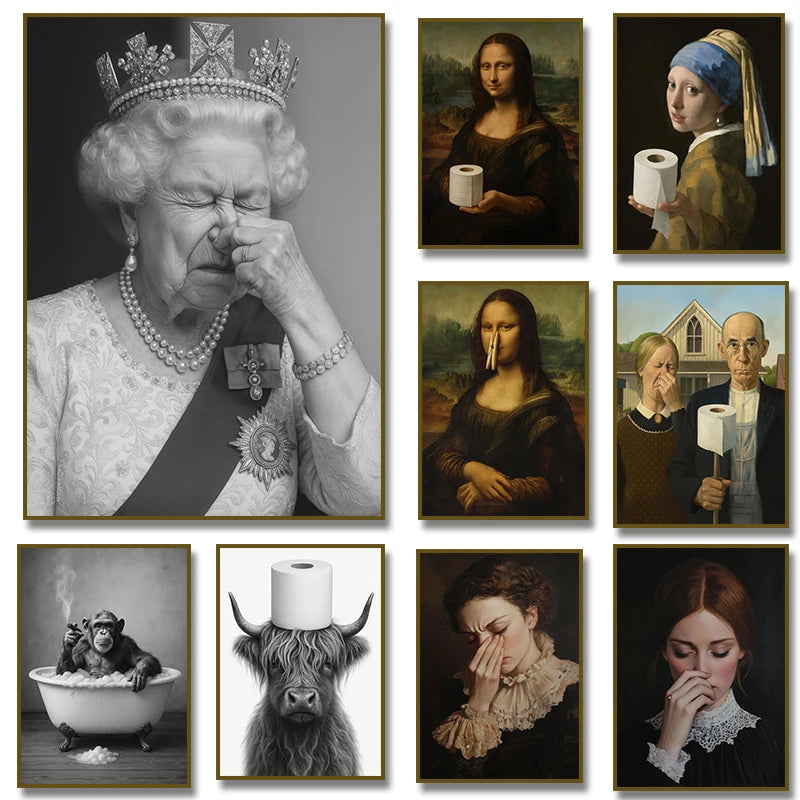 Funny Bathroom Victorian woman Portrait Poster Canvas Painting  Prints Wall Art Picture Toilet Humor Amusing Gift Home Decor